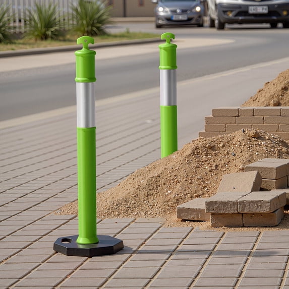 Green Delineator Posts 48 Inches Tall, Set of 3 - Features Weighted Rubber Base and Reflective Strips for Enhanced Traffic Safety at Work Sites, Parking, Events
