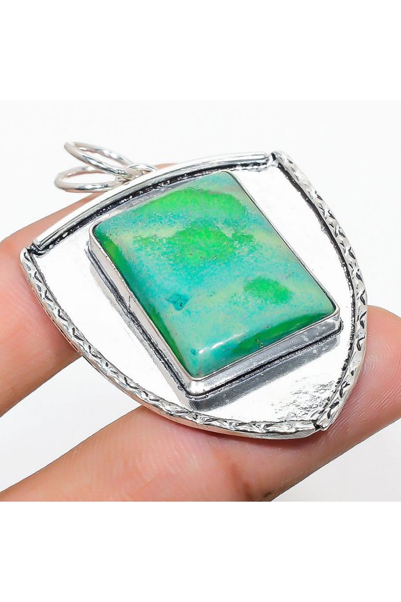 Natural Green Dendrite Opal Gemstone 925 Sterling Silver Pendant 2.05"