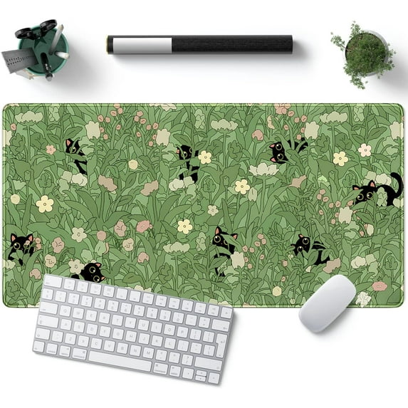 Green Desk Mat XL Cat Cute Plant Cool Desk Pad Keyboard Mat Kawaii Black Cat Flower Mouse Pad Green Desk Mat Desk Decor with Stitched Edges Non-Slip Large Computer Mat 31.5x15.7in