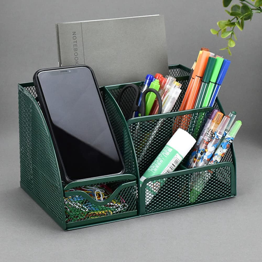 Green Desk Organizer Mesh Drawer Storage Accessories with 6 Compartments and Drawer, Desktop Caddy Storing Stationery Trinkets Cosmetics Jewelry Electronic Gadgets for Workspace Classsroom