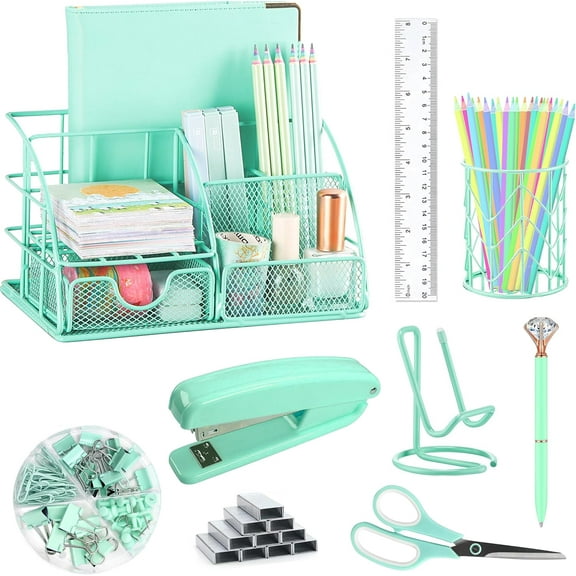 Green Desk Organizers and Accessories Office Supplies Set Stapler, Pen Holder, Phone Holder, Scissors, Pen, Ruler, 30 Paper Clips, 22 Binder Clip, 20 Tacks and 1000pcs Staples