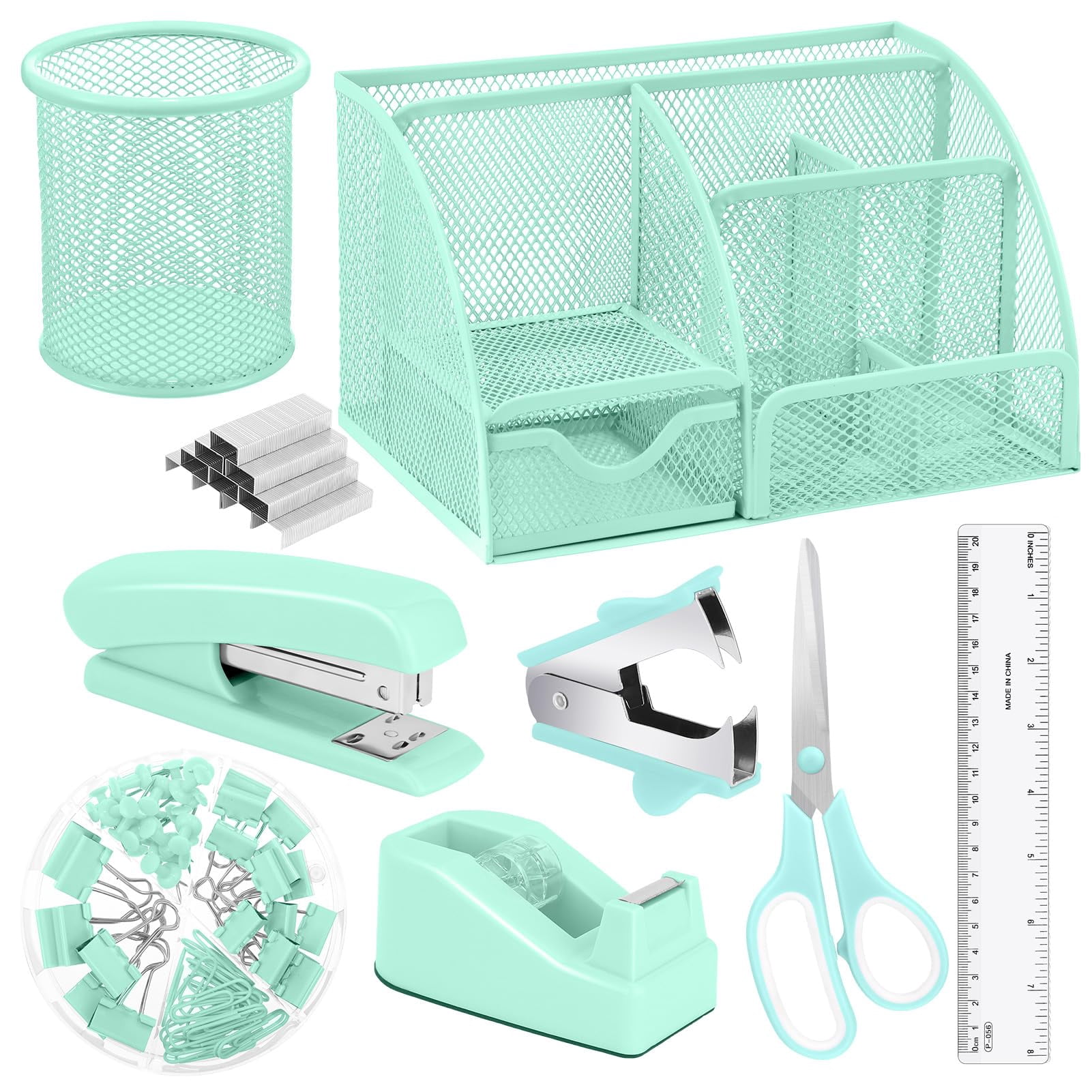 Green Desk Organizers And Accessories  Teal Office Supplies Set Mesh Organizer Stapler Tape Dispenser 1000 Staples Staple Remover Pen Holder Clips Ruler