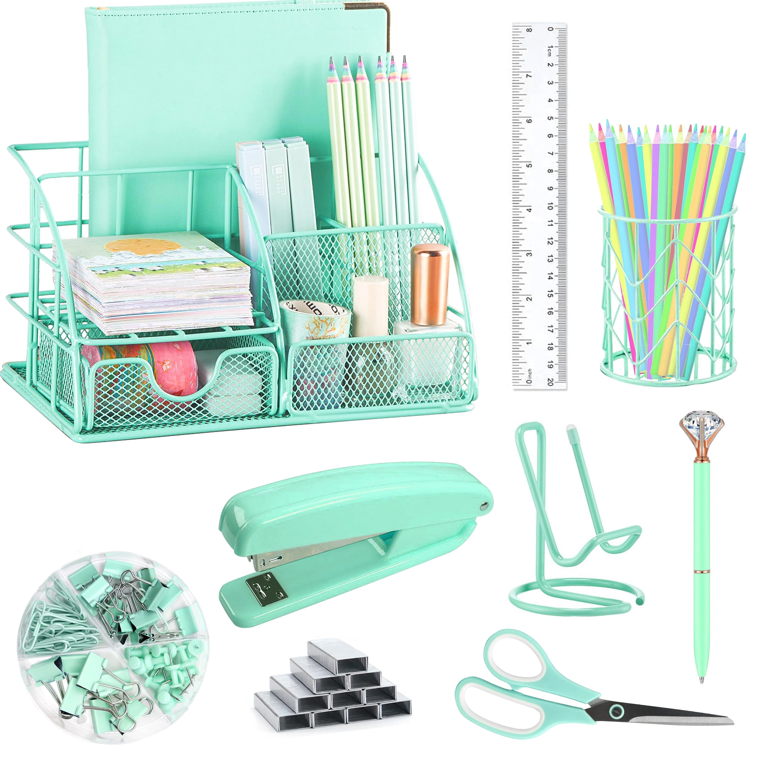 Green Desk Organizers And Accessories Office Supplies Set Stapler  Pen Holder Phone Ruler 30 Paper Clips 22 Binder Clip 20 Tacks 1000pcs Staples