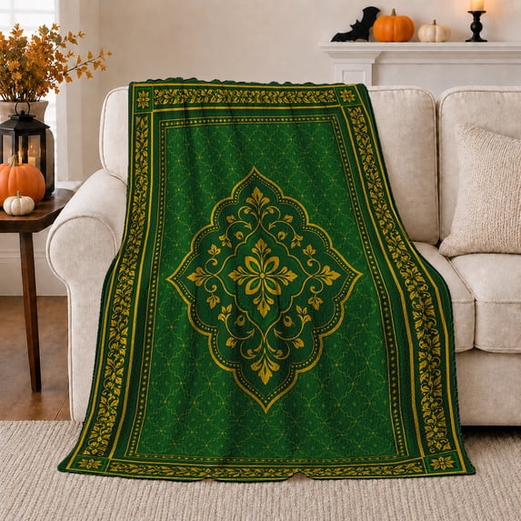 Green Diamond Medallion with Gold Border, Serene Boho Style for Mandala Lovers, Classic Floral Ornament and Housewarming Gift, Cozy Flannel Blanket for Bedroom and Reading Nook, Home Decor
