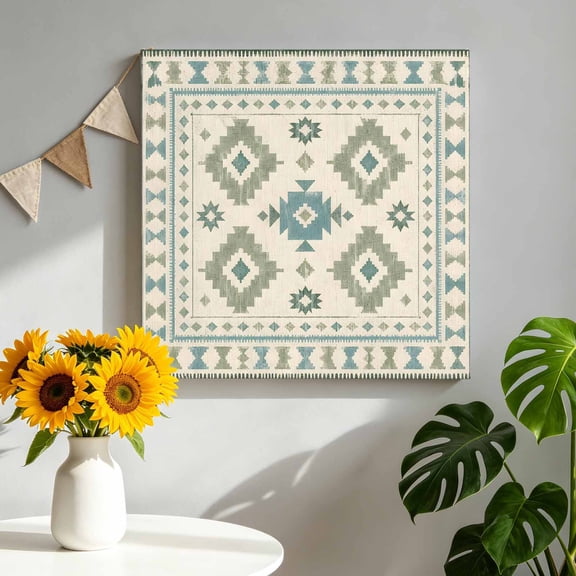 Green Diamond Motifs Canvas Wall Art, Boho Tribal Ethnic Abstract Geometric Country Plaid Framed Canvas Wall Decor Picture Print Artwork Decorations for Living Room Office Ready to Hang 16" x 16"