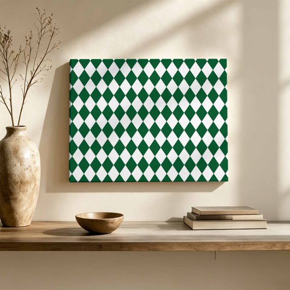 Green Diamond Plaid Canvas Wall Art, White Geometric Check Abstract Modern Wall Art Prints Artwork Framed Canvas Ready to Hang Art Pictures for Hallway Living Dining Room Bedroom 24" x 16"