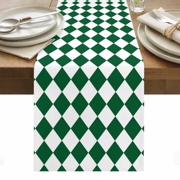 Green Diamond Plaid Cotton Linen Table Runner White Geometric Check Abstract Modern Dining Table Runners for Home Decor Party Dining Room Restaurant Kitchen Party 13" x 90"