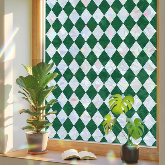 Green Diamond Plaid Window Privacy Film, White Geometric Check Abstract Modern Stained Glass Rainbow Film Decorative Window Clings, Static Cling Sun Blocking Stickers 19.6" x 39.3"