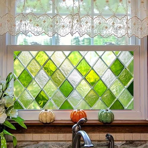 Green Diamond Window Film: 39.3×17.7 Inch, Stained Glass Privacy Cling, UV Blocking – Home Decor