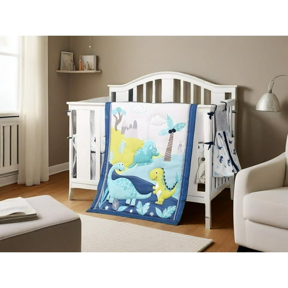Dino 2-Piece Crib Bedding Set for Baby Boys, Green (quilt and crib sheet, come with a dust ruffle as gift)