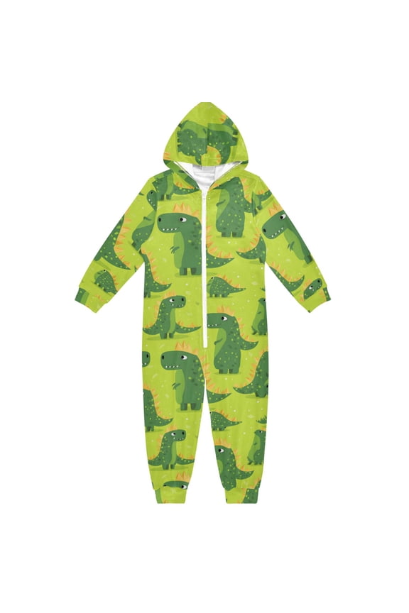 Green Dino Fun One Piece Pajamas Soft Jumpsuit Cozy Sleep and Play Romper Zipper and Pockets 4T