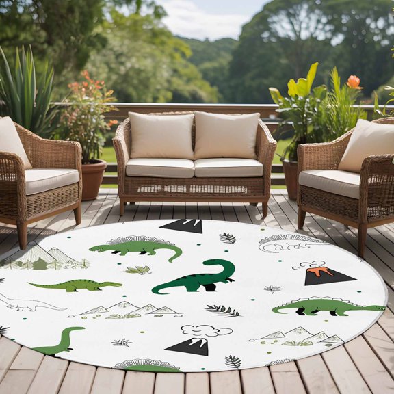 Green Dinosaur 8ft Round Rug for Open Concept Living Room Seating Zone, Mountain Volcano Cartoon Washable Non Slip Large Circle Area Rug
