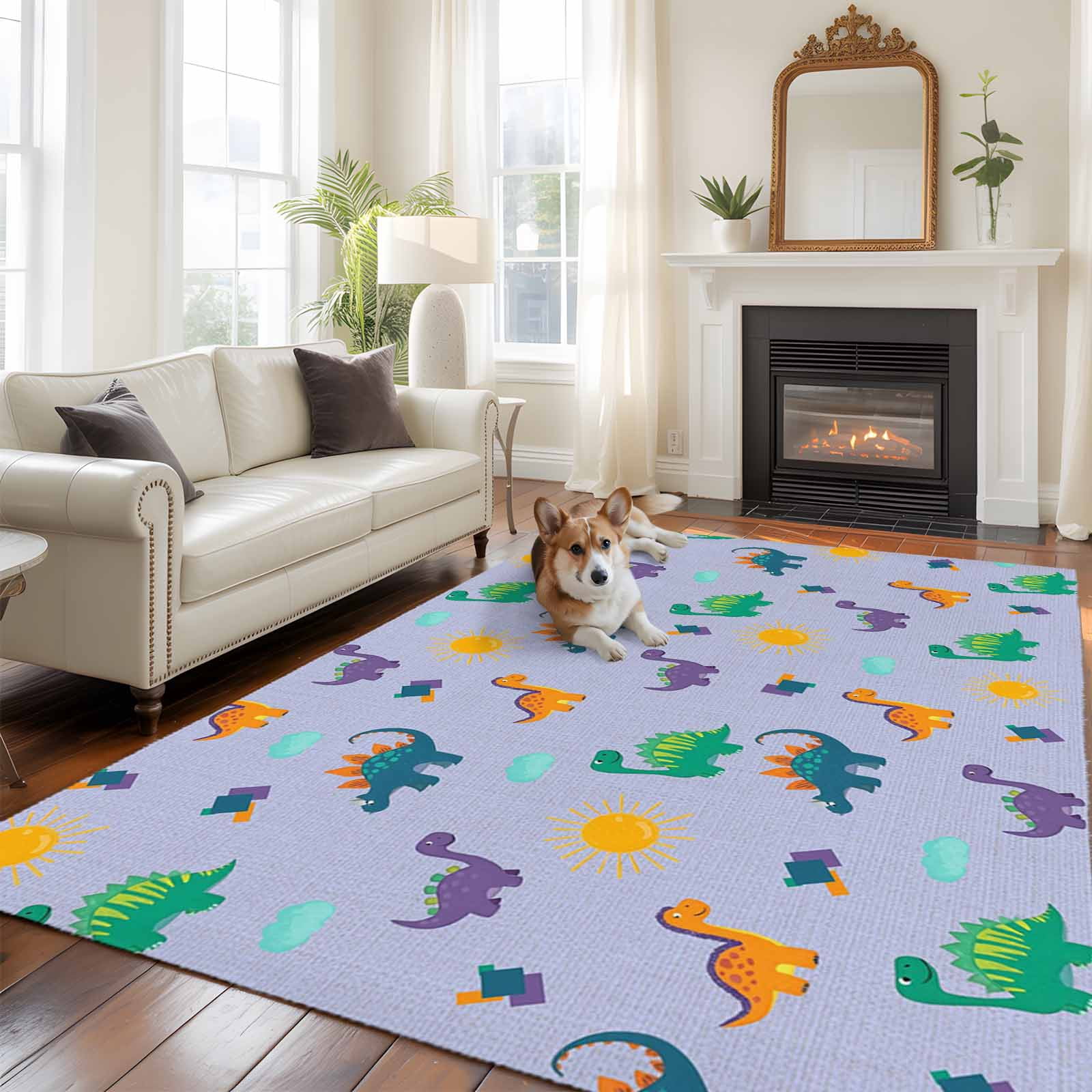 Green Dinosaur Large Area Rugs 5x8 ft Cartoon Blue Animal Sun Cloud ...