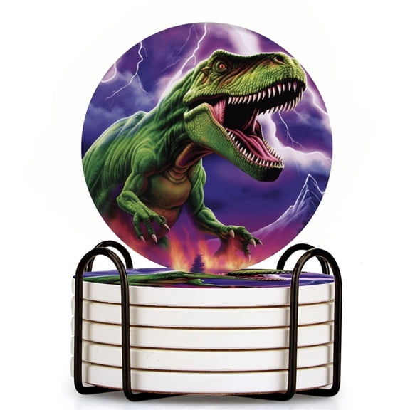 Green Dinosaur Roaring With Mouth Open Set of 6 Ceramic Coasters with Holder, Absorbent Drink Bar Coasters, Table Coasters for Living Room Decor Tabletop Protection