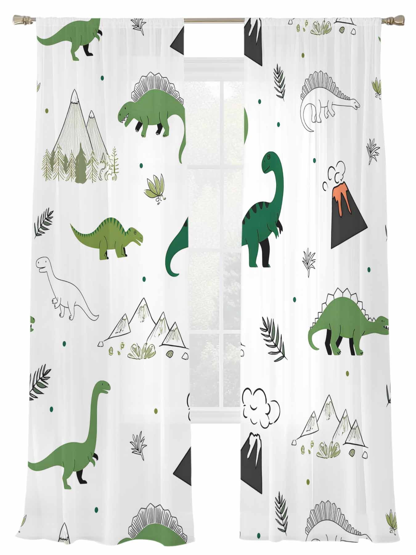 Green Dinosaur Sheer Curtains 96 Inch Long 2 Panels, Mountain Volcano ...