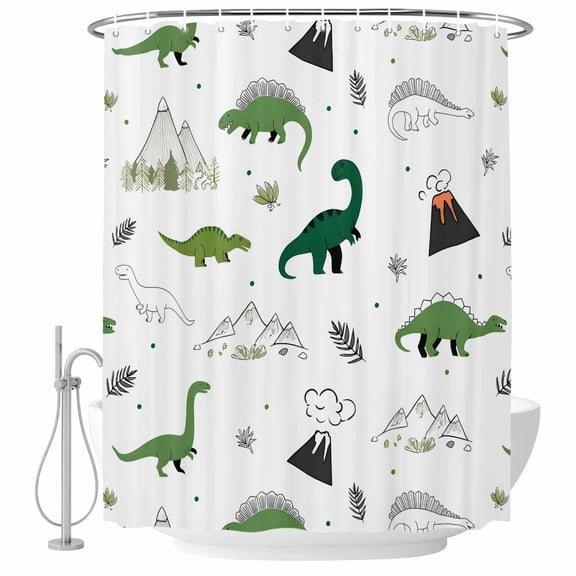 Green Dinosaur Shower Curtain for Bathroom, Mountain Volcano Cartoon Waterproof Cloth Fabric Bathroom Accessories Set with 9 Rust Proof Plastic Hooks, 36"x72"