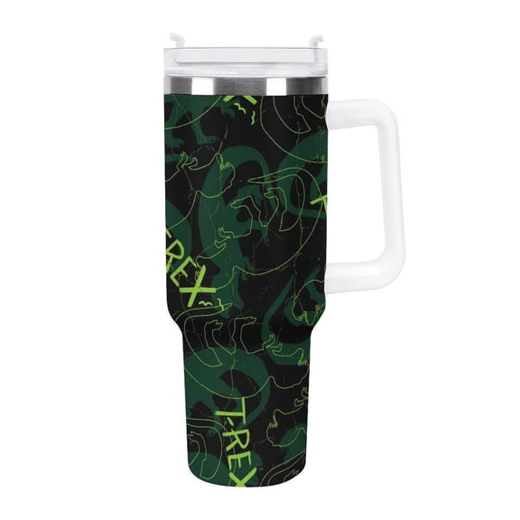 Green Dinosaur T-Rex 40 Oz Tumbler with Handle and Straw Lid, Stainless Steel Insulated Travel Coffee Mug, Vacuum Insulated Water Bottle for Home, Office, Car, Keep Hot/Cold for Hours