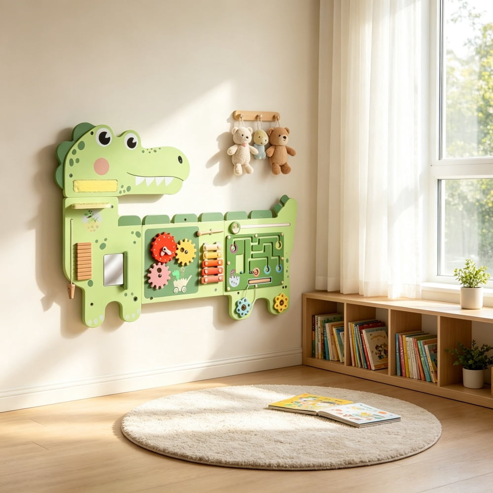 Green Dinosaur Wall-Mounted Sensory Toys, Montessori MDF Sensory Wall 87x52x5.5cm