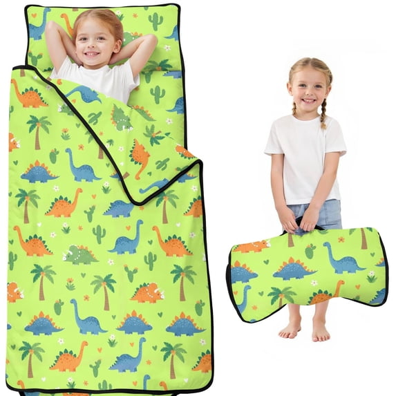 Green Dinosaurs Cacti Hearts Teens Toddler Nap Mat with Pillow, Sleeping Mat Bag for Preschool Daycare 50"x20"
