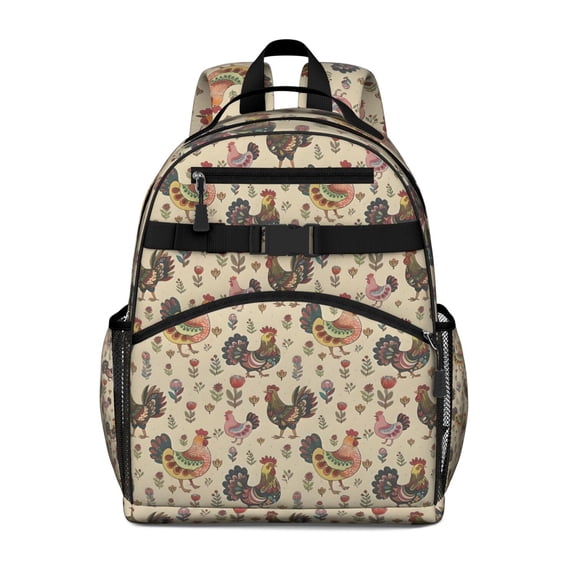 Beige Chicken Folk Pattern Backpack for School,Cute School Bag,Schoolbag with Adjustable Shoulder Straps & Padded Back,15.25"x11.5"x5.25"
