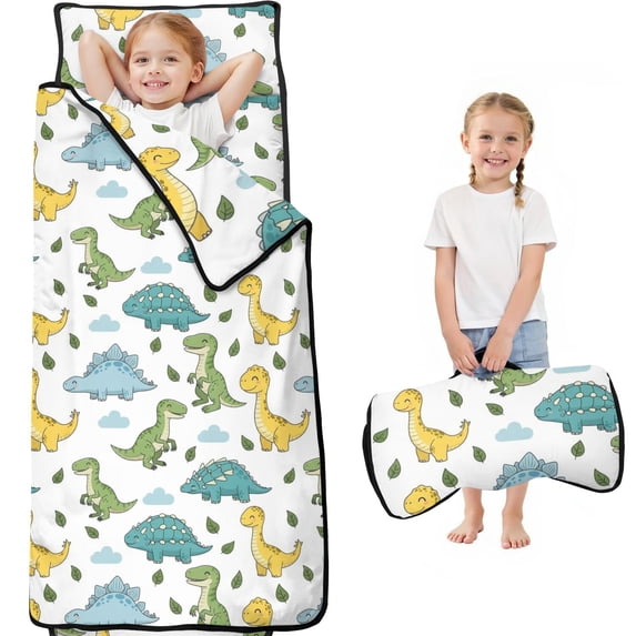 Green Dinosaurs Cacti Pattern Teens Toddler Nap Mat with Pillow, Sleeping Mat Bag for Preschool Daycare 60"x20"