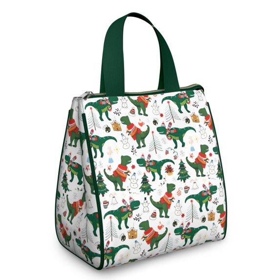 Green Dinosaurs Christmas Pattern Insulated Lunch Bag for Women & Adults,Large Portable Soft Cooler Lunch Bag,Thermal Food Storage Tote with Pearl Cotton,8.66L,8.75x5.75x9.5 Inch