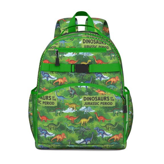 Green Dinosaurs Jurassic Pattern Backpack for School,Cute School Bag,Schoolbag with Adjustable Shoulder Straps & Padded Back,15.25"x11.5"x5.25"
