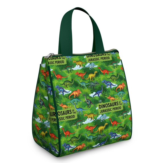 Green Dinosaurs Jurassic Pattern Insulated Lunch Bag for Women & Adults,Large Portable Soft Cooler Lunch Bag,Thermal Food Storage Tote with Pearl Cotton,8.66L,8.75x5.75x9.5 Inch