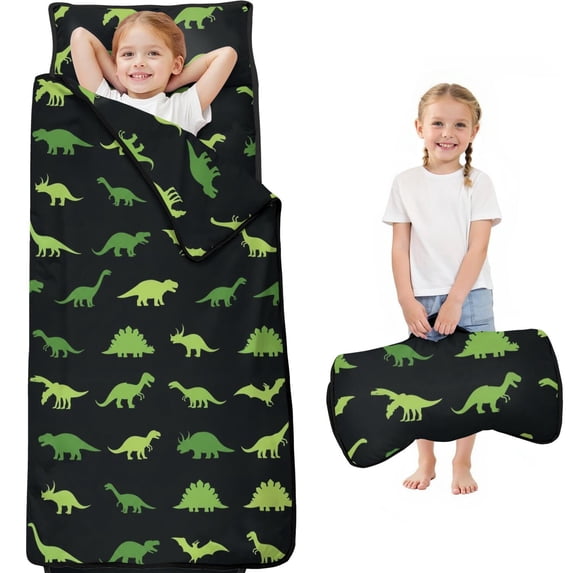 Green Dinosaurs MultiShapes Pattern Teens Toddler Nap Mat with Pillow, Sleeping Mat Bag for Preschool Daycare 59"x22"