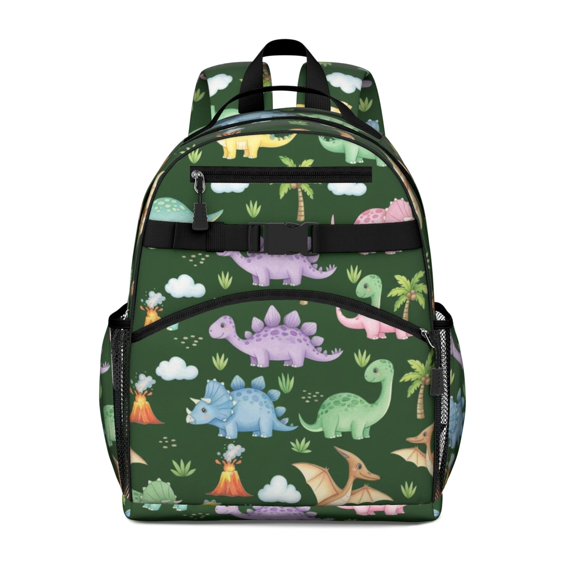 Green Dinosaurs Palms Volcanoes Pattern Cute School Backpack Bag for School with Padded Back and Adjustable Shoulder Straps 15.25"x11.5"x5.25"