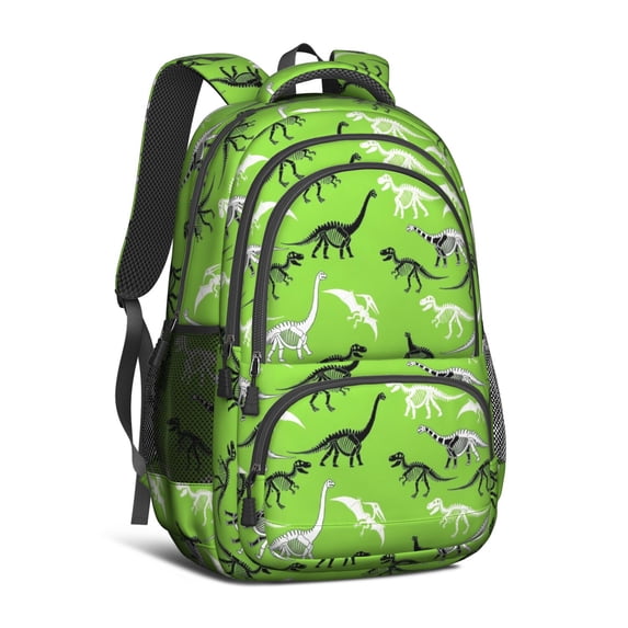 Green Dinosaurs Skeletons Pattern Cute School Backpack Bag with Padded Back and Adjustable Shoulder Straps 16.9 X 12.6 X 5.9 Inches