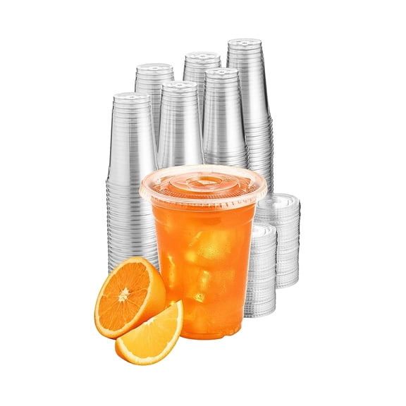 Green Direct 10 oz. Disposable Cups With Lids | Clear Plastic Cups With Lids | Iced Coffee Cups For Bubble Boba Tea | Cup and Flat Lid For Cold Drinking & Smoothie 50 Sets
