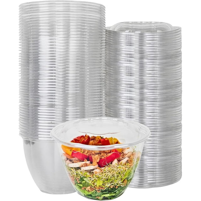 Green Direct 48 oz. Disposable Plastic Salad Bowls with lids, Pack of 50