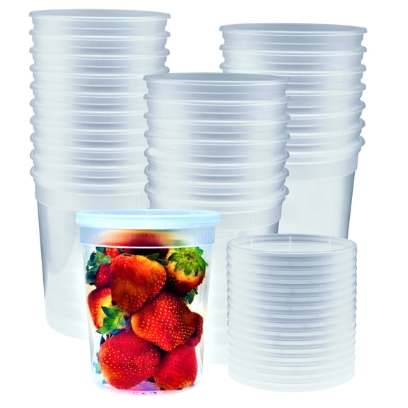 Green Direct Deli Food Storage Containers with Lids, 32 oz. Pack of 24, Disposable Clear Round Leakproof Food Storage Containers