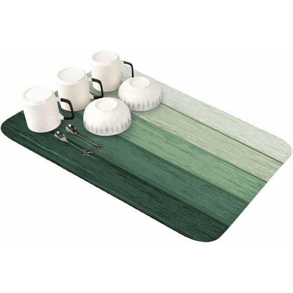 Green Dish Drying Mat for Kitchen Counter, Super Absorbent Quick Dry Coffee Bar Mat Pad Thin Diatomaceous Sink Mat Non Slip Dish Drainer Mat 16x18 Farmhouse Geometric Gradient Wood Stripe Retro