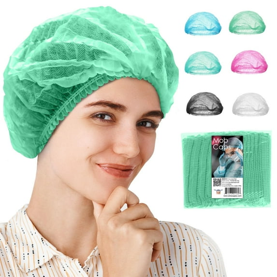 Green Disposable Bouffant Caps, Spunbond Polypropylene, 100 Count, 21 in