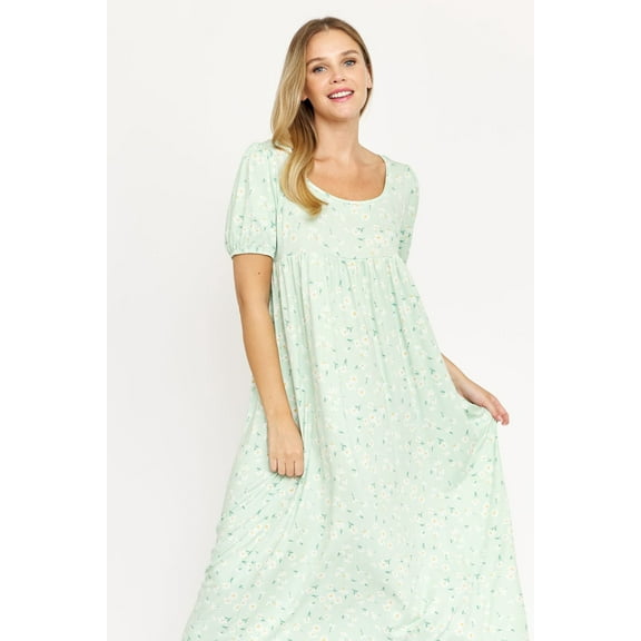 Green Ditsy Floral Puff Sleeve Empire Waist Maxi Dress_Plus