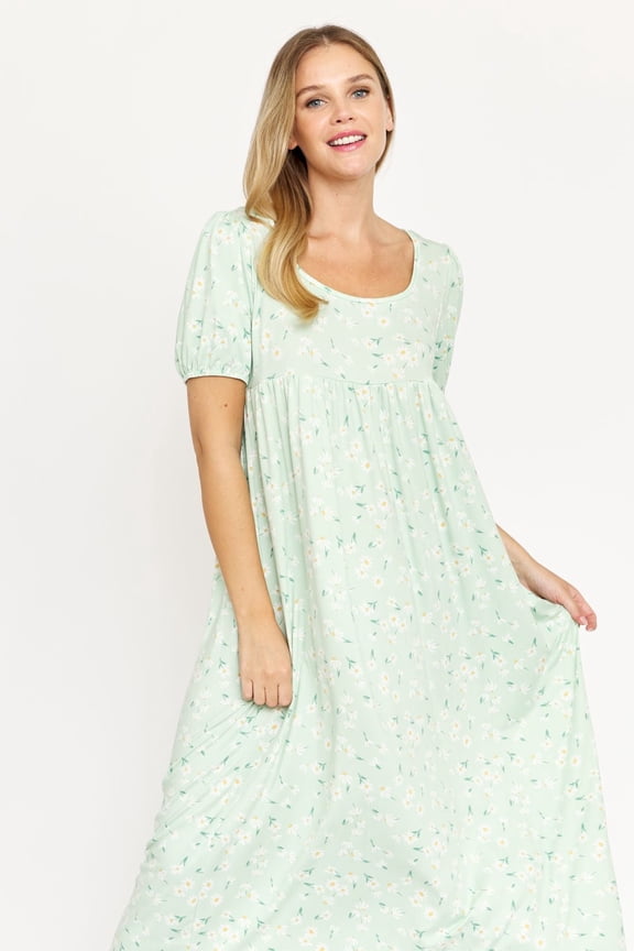 Green Ditsy Floral Puff Sleeve Empire Waist Maxi Dress_Plus