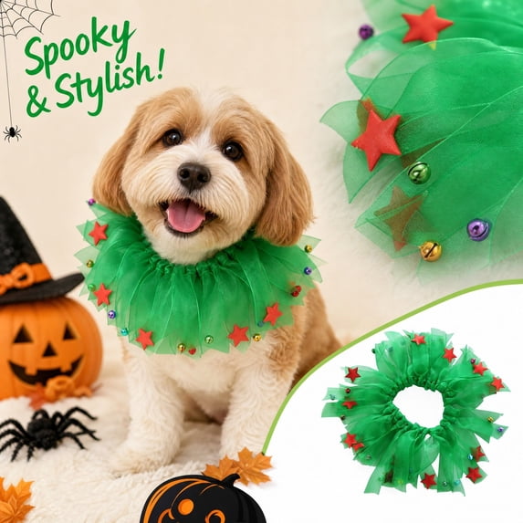Green Dog Collar with Red Stars and Bells, Adjustable Fit, Green Tulle, for Small Dogs and Cats, Decorative Collar