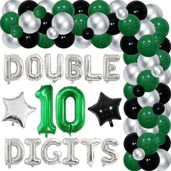 Green Double Digits Happy 10th Birthday Decoration, Green and Black Balloon Garland Arch Kit, Letter Aluminum Film Balloons, Number 10 Foil Balloons for 10th Daughter Birthday Party Decorations