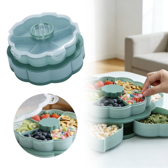 Green Double Layer Rotating Storage Box, Flower Shape Compartmentalized Dry Fruit Tray with Lid, Multi-Grid Organizer for Snacks, Nuts, Candy & Small Items