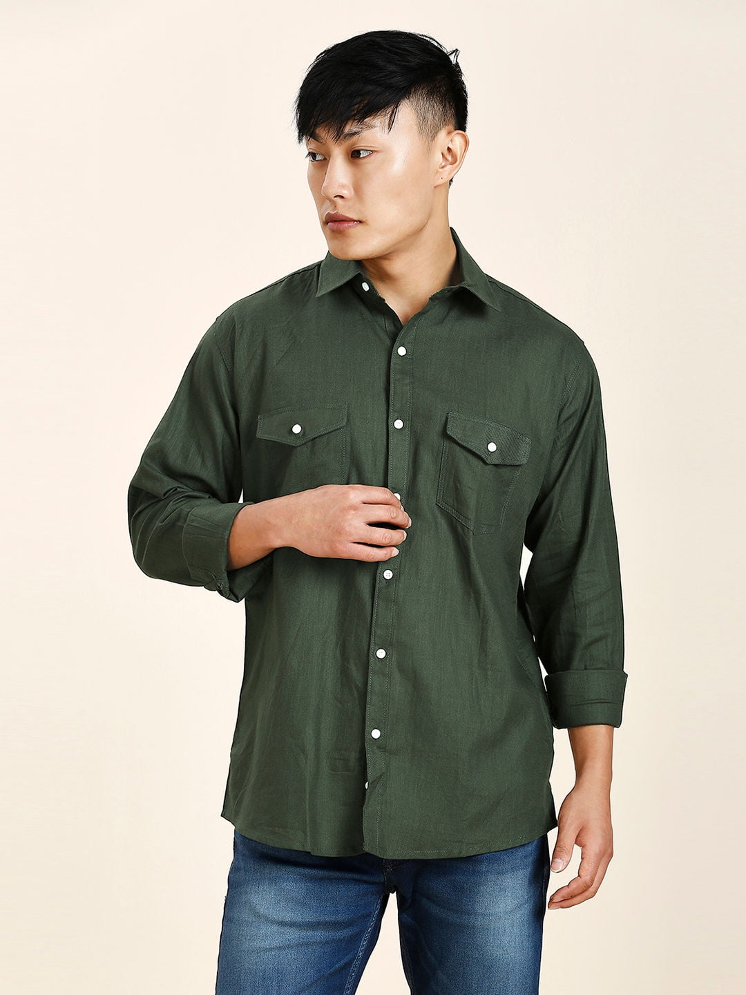 TryBuy Green Double Pocket Men's ButtonUp Shirts, Full Sleeves Casual — free download