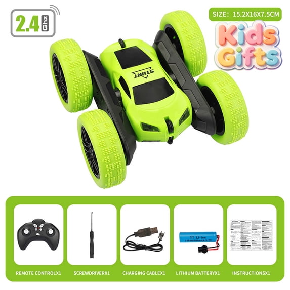 Green Double Sided 360 Flip RC Stunt Car, Remote Control Off Road Drift Vehicle with LED Headlights, 2.4G Anti-Interference Rechargeable Toy, Christmas Birthday Gift for Kids Boys Girls Ages 6+