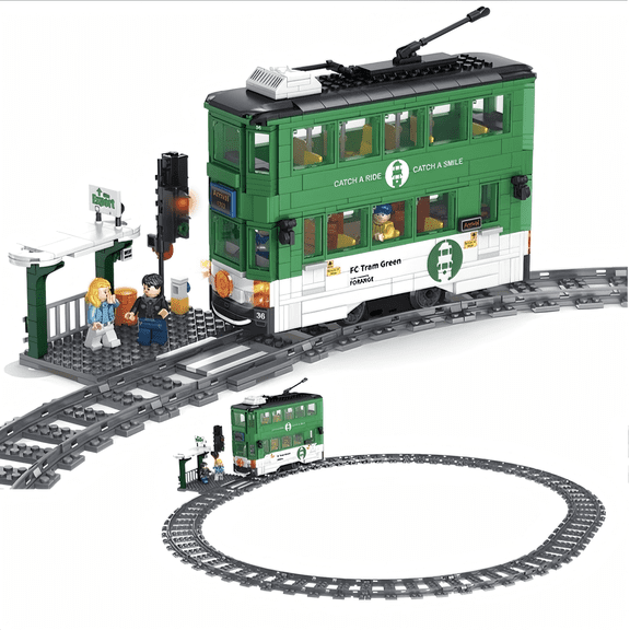 Green Double-decker Tram Building Block Set with Track, Gift for Birthdays, Home Office Table Centerpiece Decor