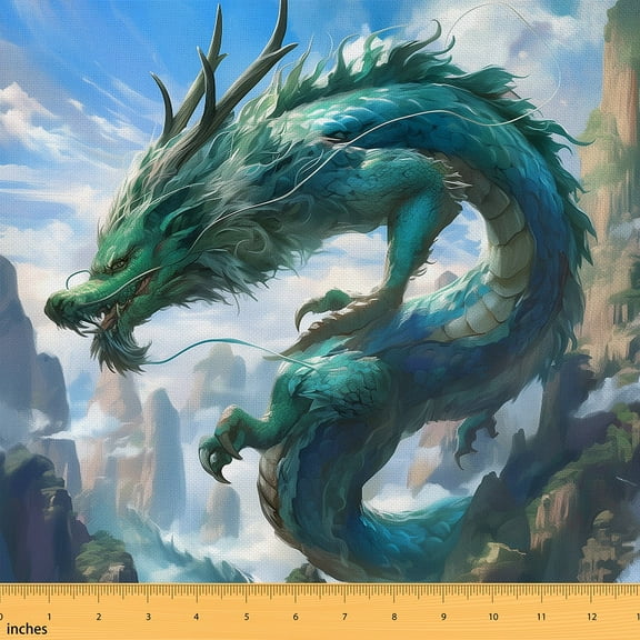 Green Dragon Fabric By The Yard, 3D Magic Ancient Animal Indoor Outdoor Fabric, Wildlife Style Upholstery Fabric, Retro Mysterious Decorative Fabric For Quilting Sewing, 1 Yard