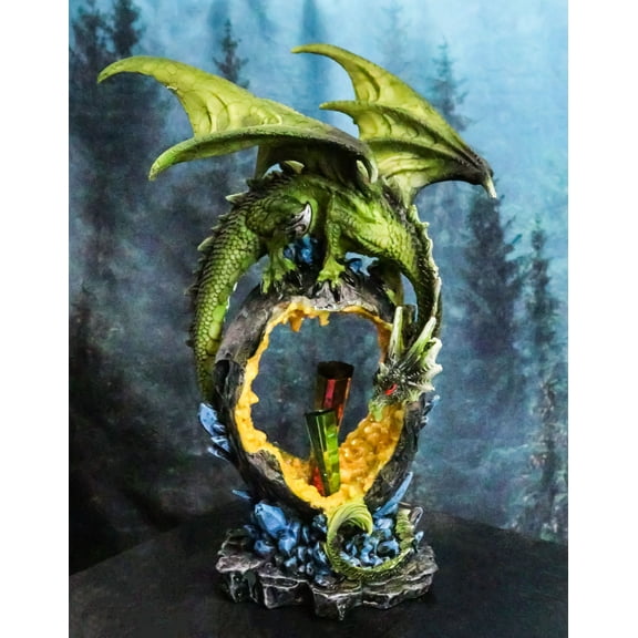 Green Dragon Guarding Faux Geode Crystal Arch Rock With Rainbow Icicle Figurine