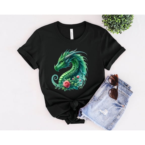 Green Dragon Head with Flowers Tee-Floral Dragon Design-Fantasy Art Shirt-Mythical Creature Apparel-Dragon Head-Floral Dragon-Unique Dragon All Size S-5Xl