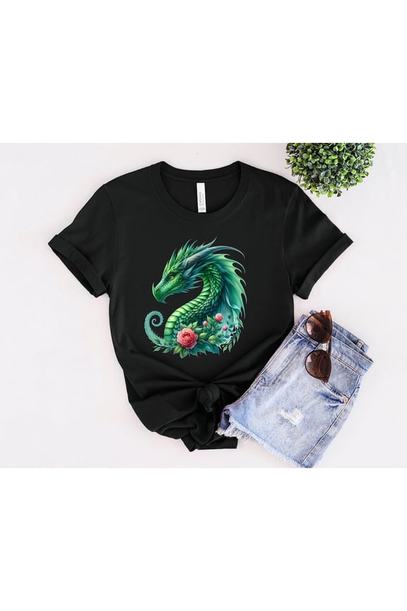 Green Dragon Head with Flowers Tee-Floral Dragon Design-Fantasy Art Shirt-Mythical Creature Apparel-Dragon Head-Floral Dragon-Unique Dragon All Size S-5Xl