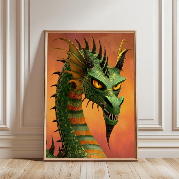 Green Dragon Portrait Print Fierce Fantasy Mosaic Scale Art Wall Decor, Unframed Paper Print