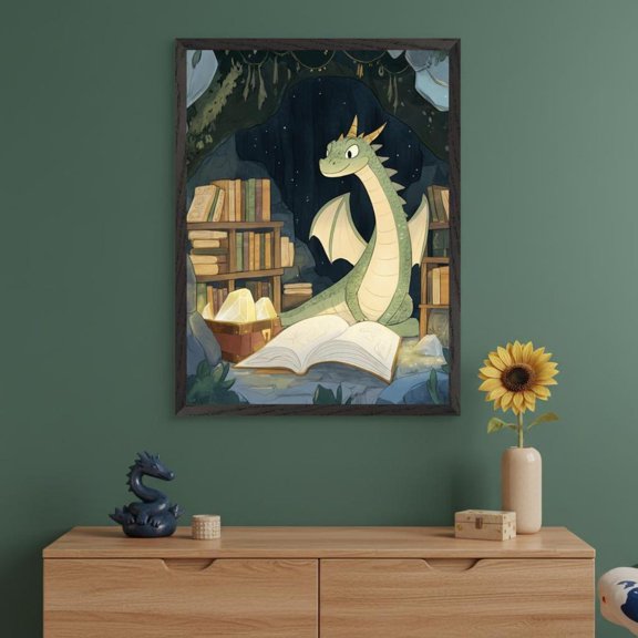 Green Dragon Reading Library Storybook Fantasy Cave Wall Decor Unframed Paper Print
